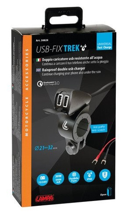 LAMPA Usb-Fix Trek, podwójna ładowarka USB mocowana na kierownicy
